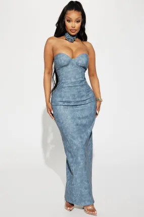 Amber Faux Leather Maxi Dress - Dusty Blue