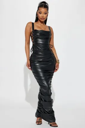 Berlin Queen Faux Leather Maxi Dress - Black