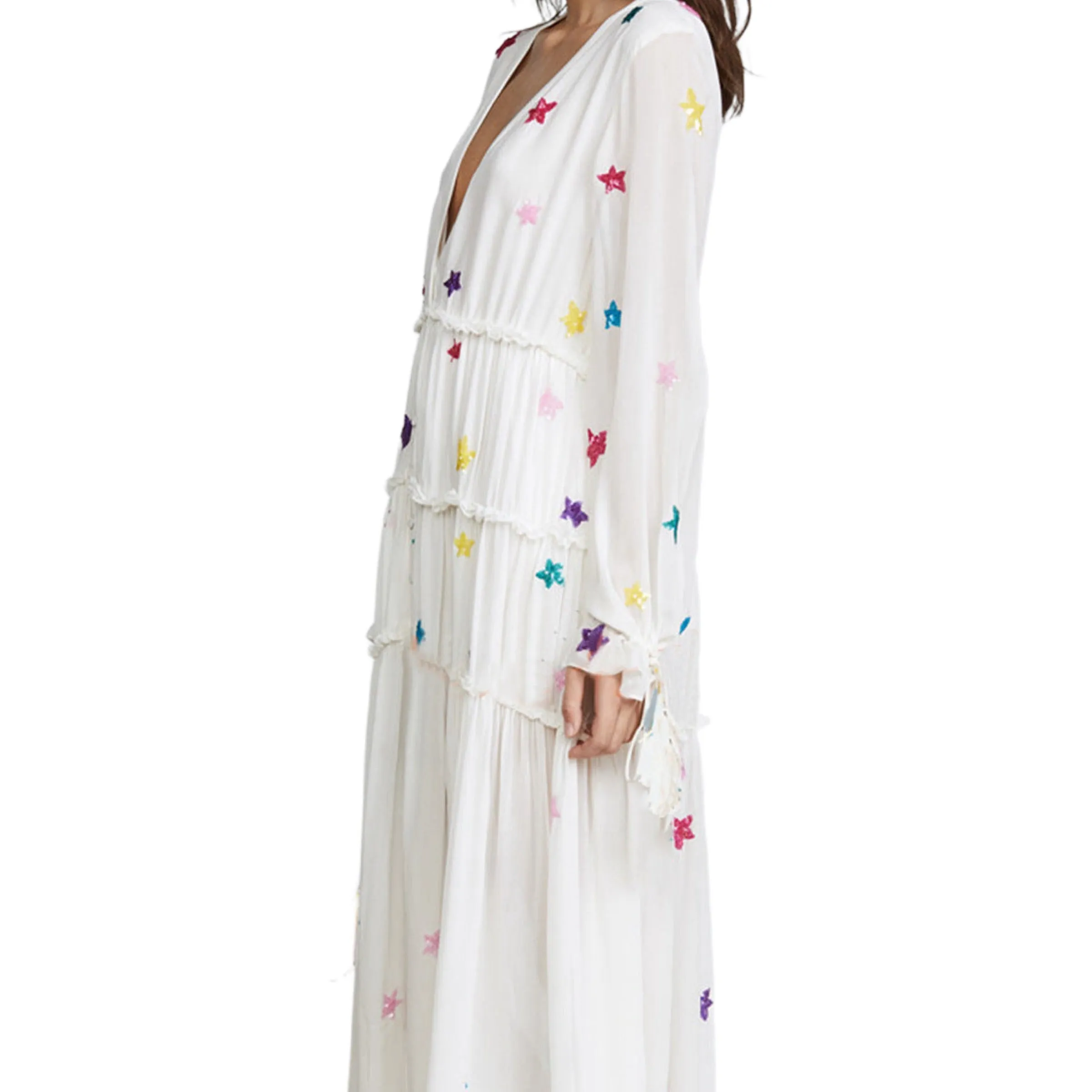 Bohemian Star Embroidered Maxi Dress Long Sleeve Cotton in White, Black Size S, M, L, XL