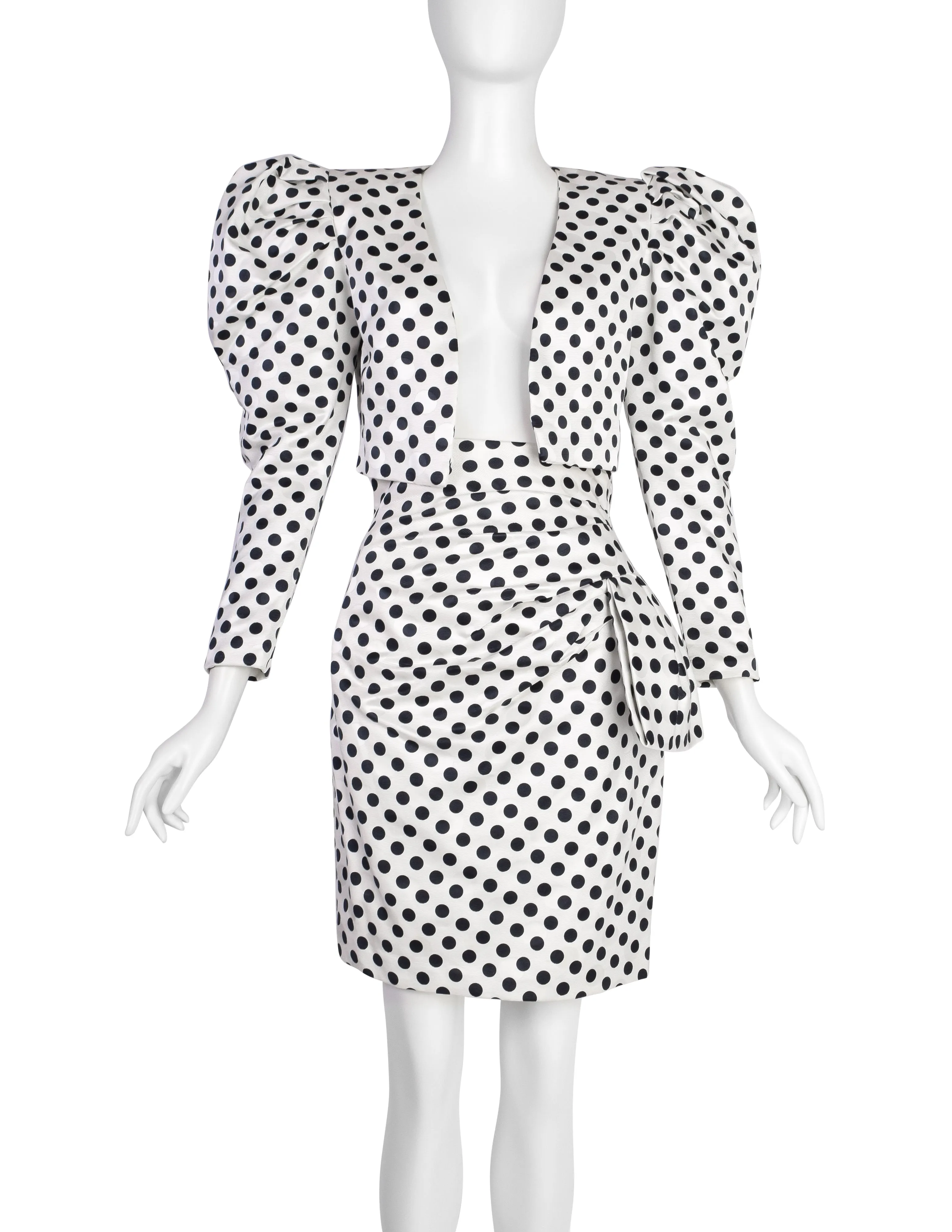 Carolyne Roehm Vintage 1980s Polka Dot Puff Sleeve Cropped Jacket and Skirt Ensemble