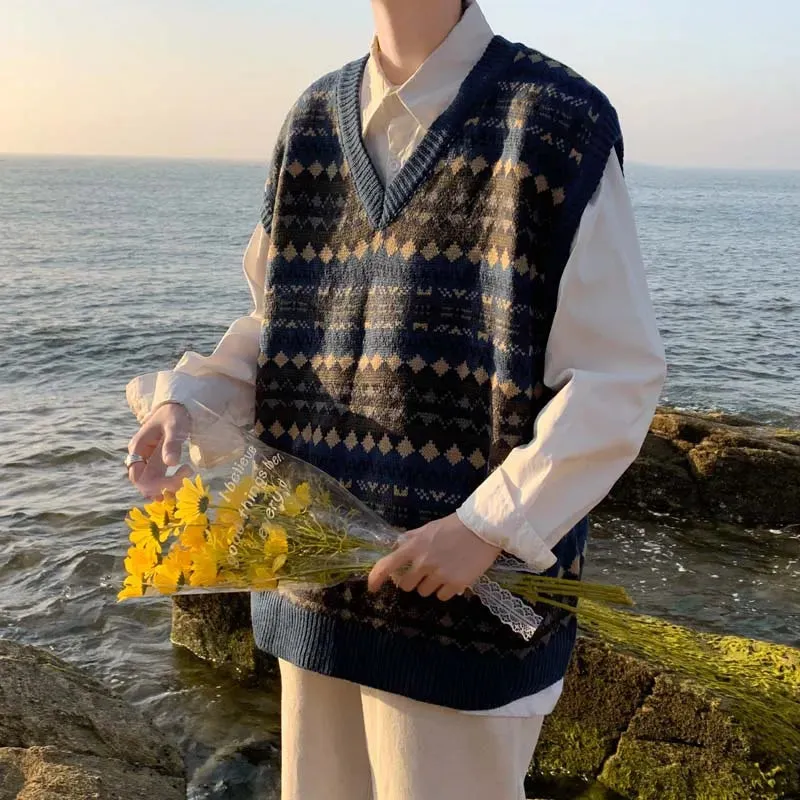 CHICMY-Graduation Gift Back to School Season New Arrivals Japanese Retro Knitted Sweater Vest Men Ethnic Style Patchwork Loose Handsome Waistcoat V-neck Sweater Oversize