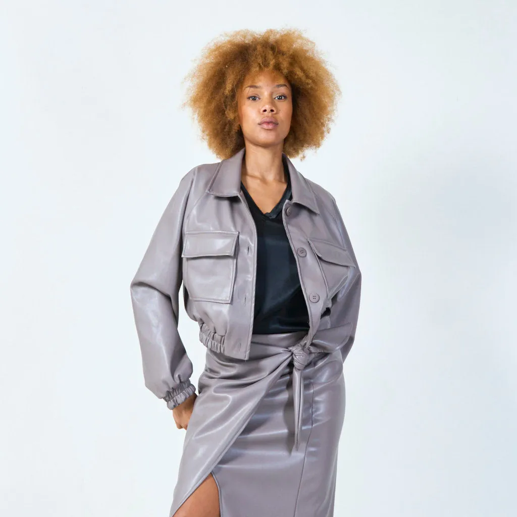 Cropped faux leather jacket with elastic waist wholesale