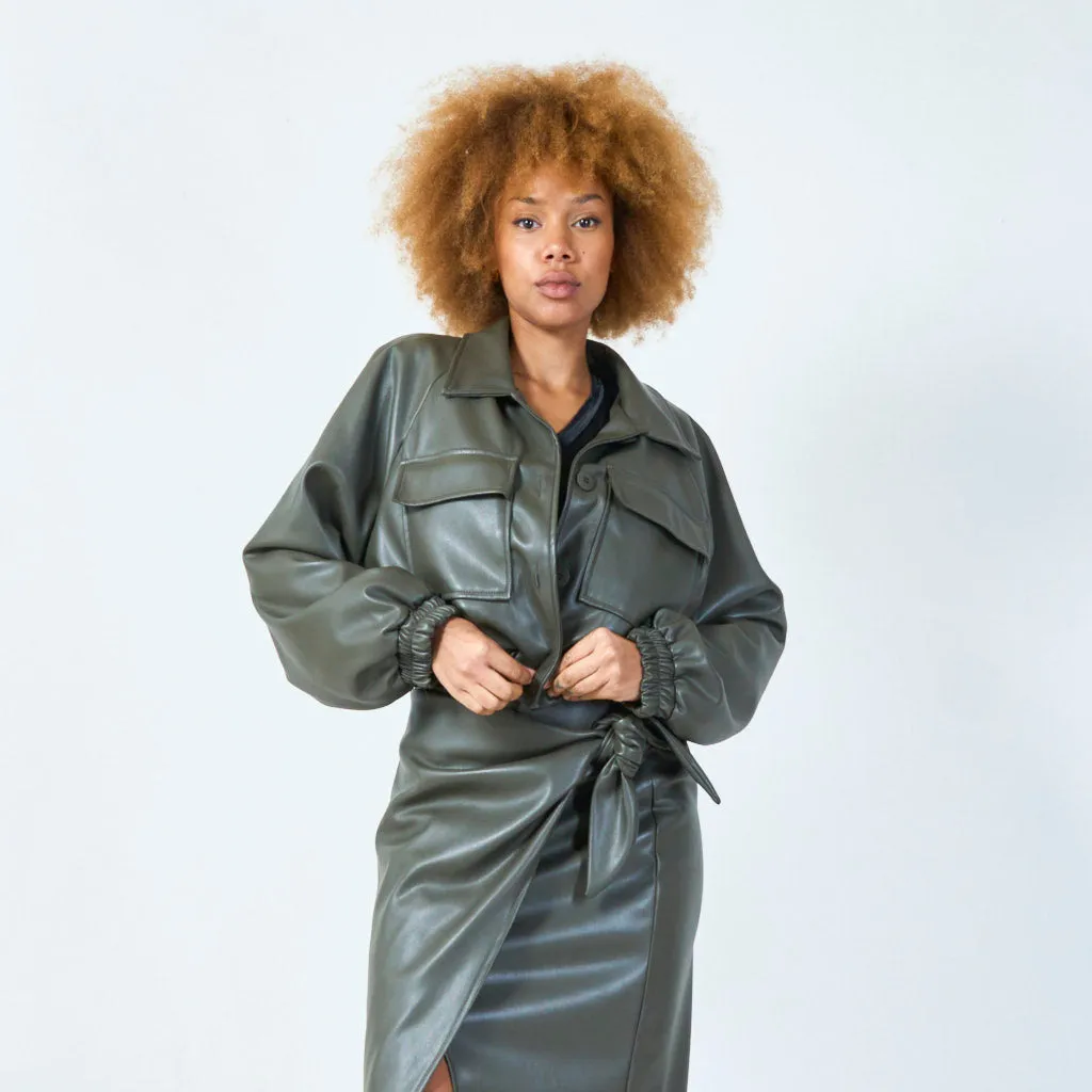 Cropped faux leather jacket with elastic waist wholesale
