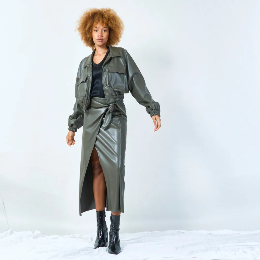 Cropped faux leather jacket with elastic waist wholesale