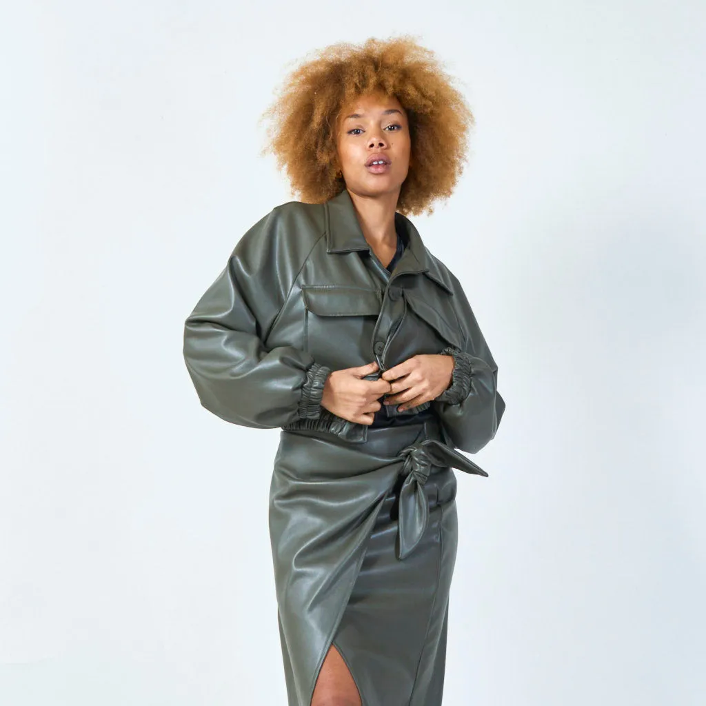 Cropped faux leather jacket with elastic waist wholesale