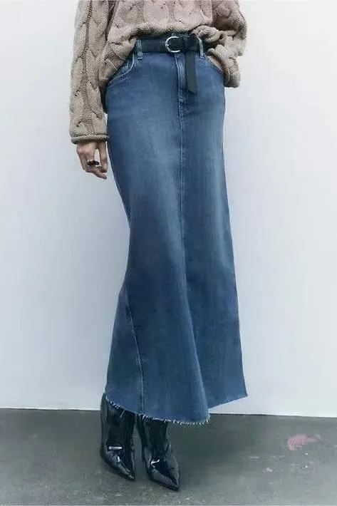 Edgy Elegance: Women's  Distressed Denim Maxi Pencil Skirt