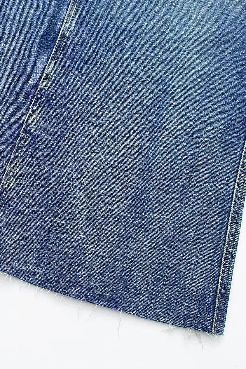 Edgy Elegance: Women's  Distressed Denim Maxi Pencil Skirt