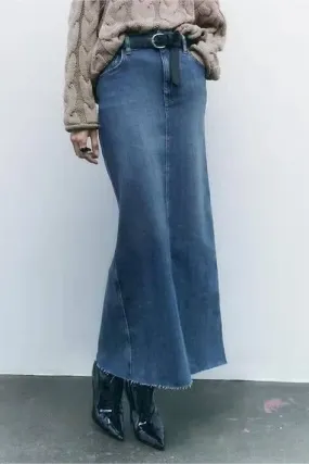 Edgy Elegance: Women's  Distressed Denim Maxi Pencil Skirt