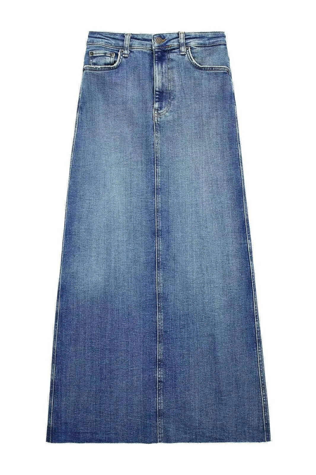 Edgy Elegance: Women's  Distressed Denim Maxi Pencil Skirt