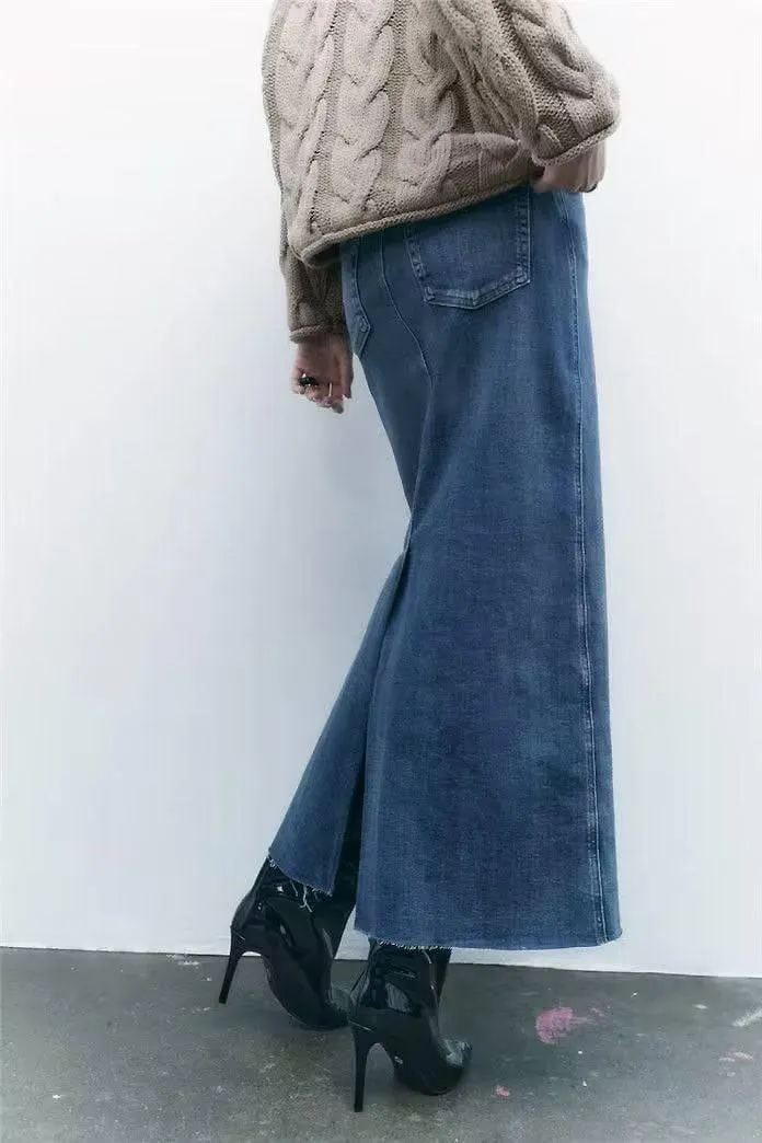 Edgy Elegance: Women's  Distressed Denim Maxi Pencil Skirt