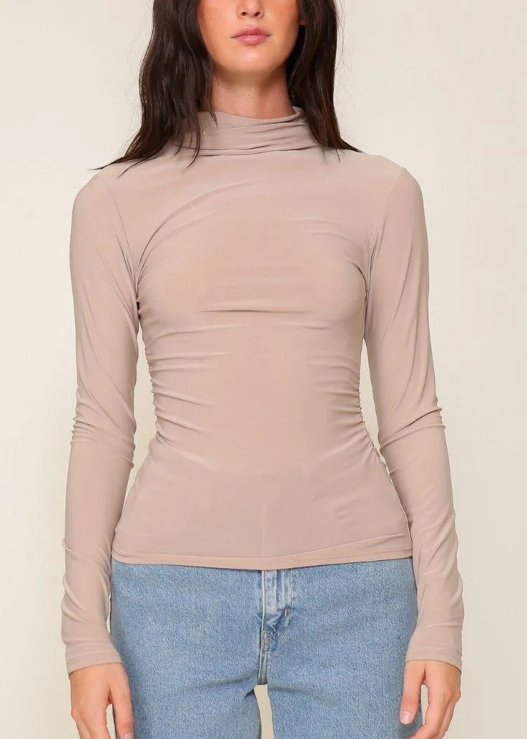 High Neck Knit Top with Side Ruched Detail- Tan