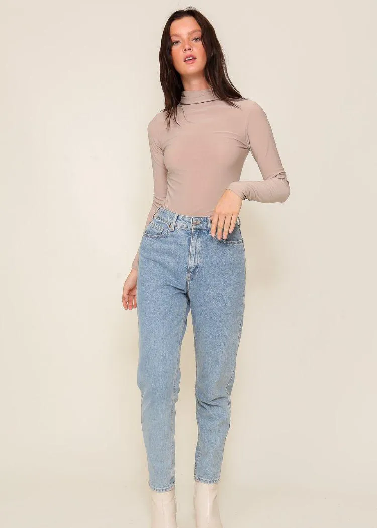High Neck Knit Top with Side Ruched Detail- Tan