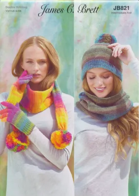 James Brett Double Knit Knitting Pattern - Ladies Hat Gloves & Scarf (JB821)