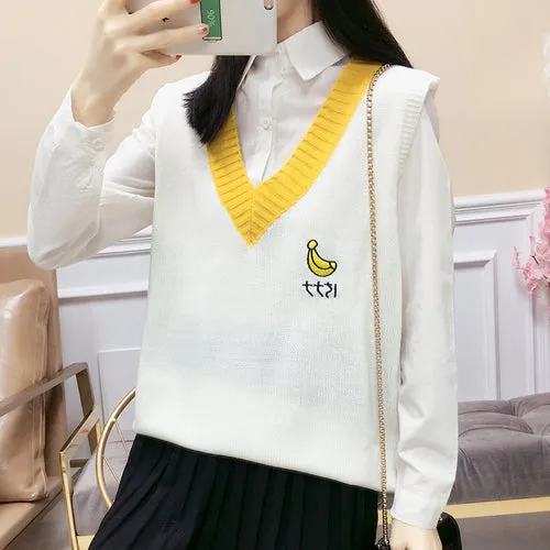 Kawaii V-neck college style knitted woolen vest knitwear embroidery fruit sweater strawberry melon banana