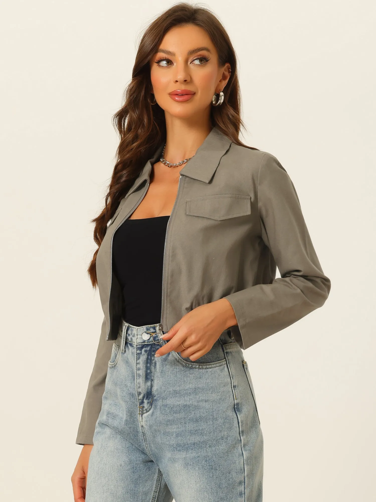 Lightweight Zip Up Long Sleeve Lapel Utility Anorak Cropped Jacket