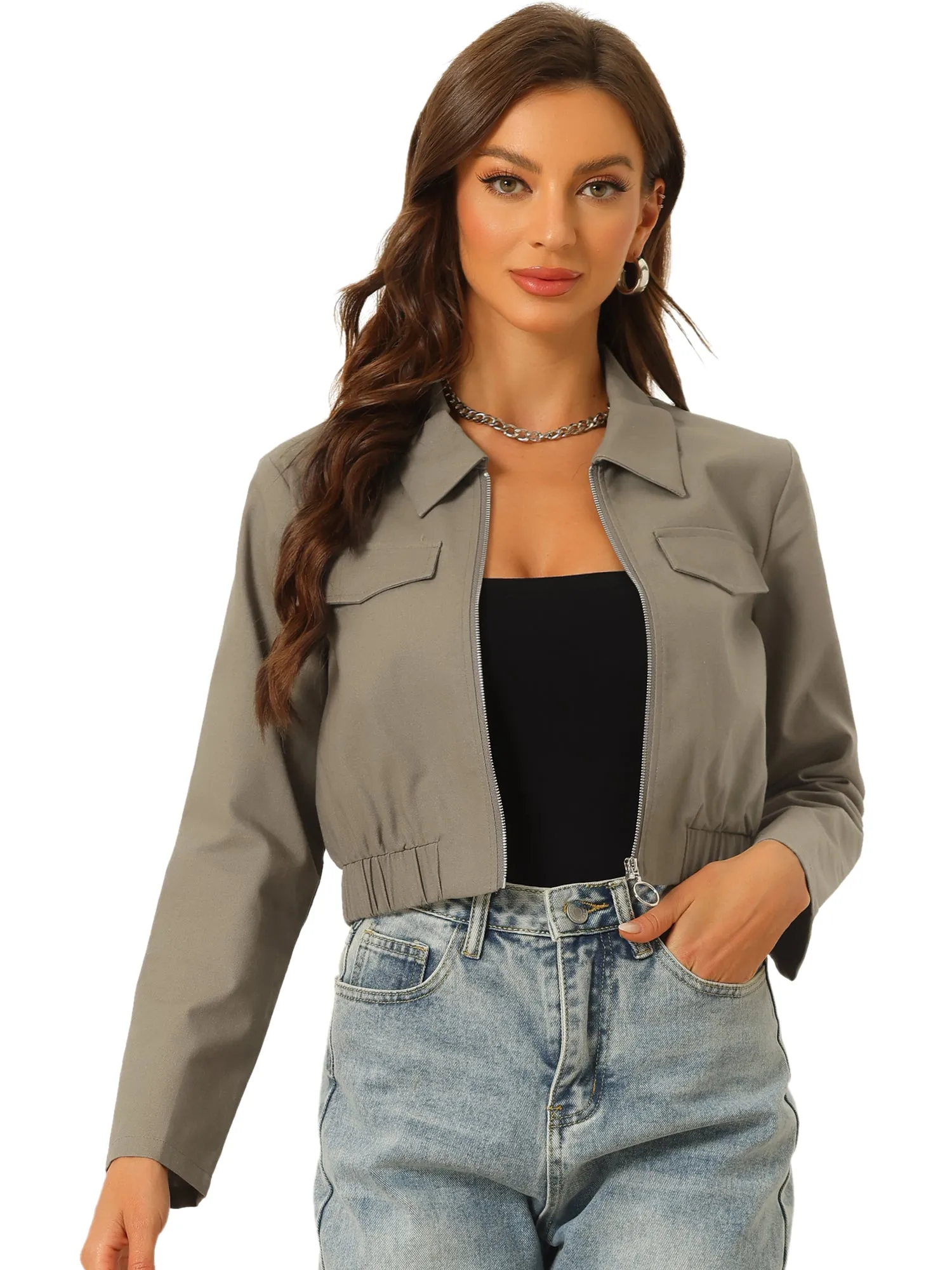 Lightweight Zip Up Long Sleeve Lapel Utility Anorak Cropped Jacket