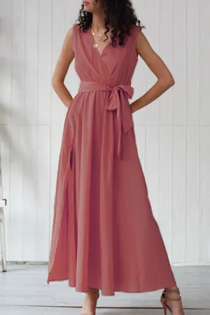Solid V-neck Lace-up Slit Maxi Dress