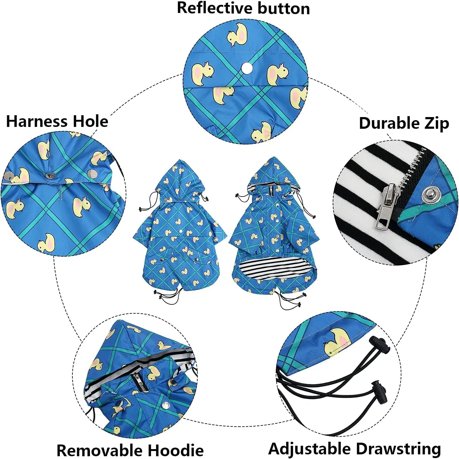 Stylish & Waterproof Dog Raincoat - Reflective Design with Removable Hood and Adjustable Fit - Perfect for Small to Medium Breeds - Grid Blue - Large Size