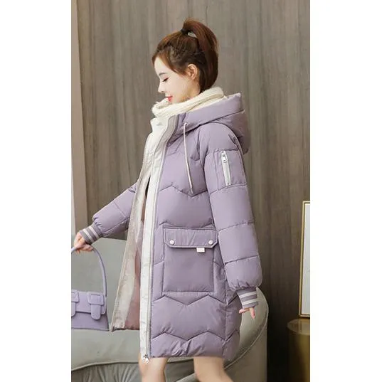 Thigh-Length Hooded Flap Pocket Puffer Coat
