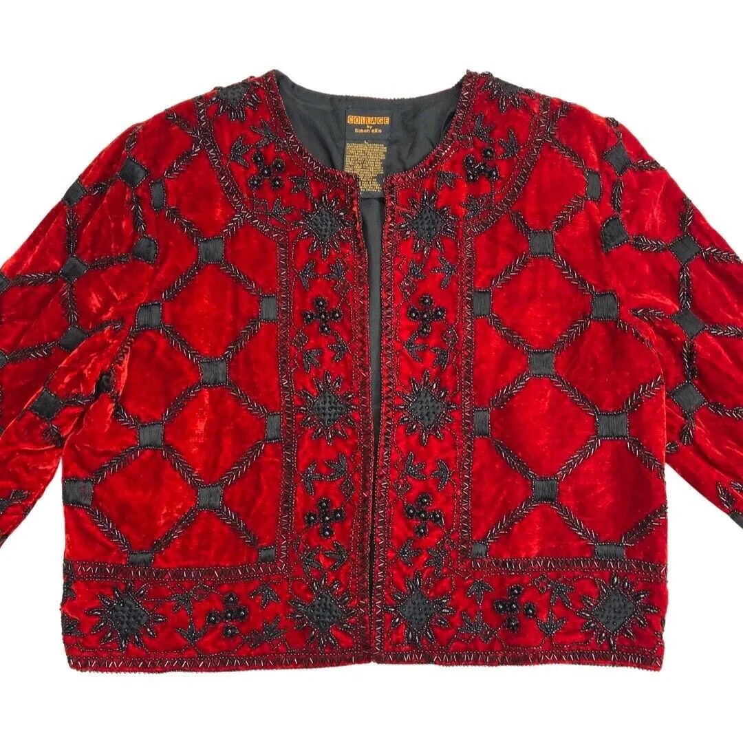 Vintage 80s Red Embroidered Embellished Cropped Velvet Jacket 12 14 M