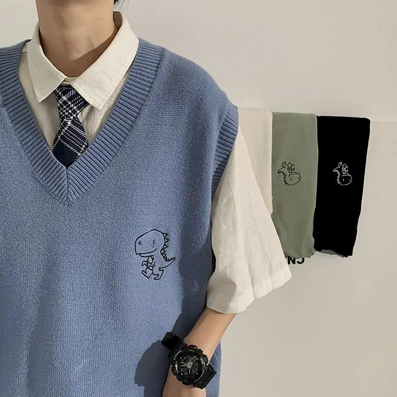 Voguable Spring Men's Trendy Dinosaur Sweater Embroidered Loose V-neck Sweater Vest Woman Casual Streetwear Tops Clothing argyle