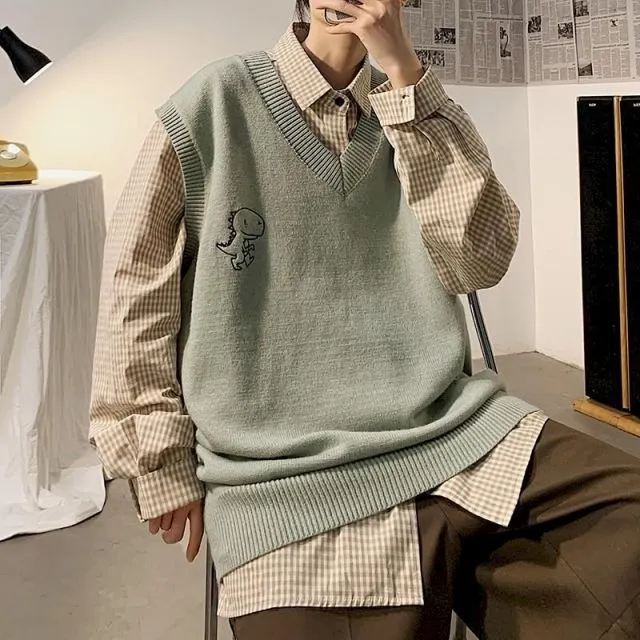 Voguable Spring Men's Trendy Dinosaur Sweater Embroidered Loose V-neck Sweater Vest Woman Casual Streetwear Tops Clothing argyle
