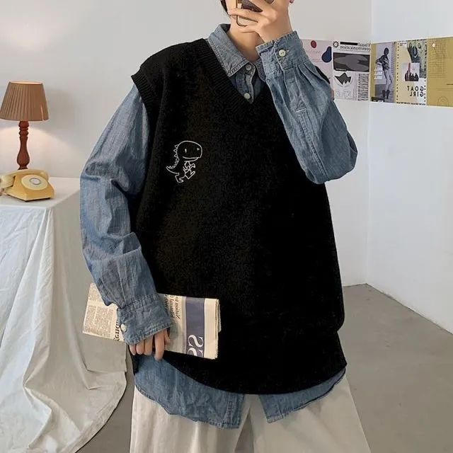 Voguable Spring Men's Trendy Dinosaur Sweater Embroidered Loose V-neck Sweater Vest Woman Casual Streetwear Tops Clothing argyle