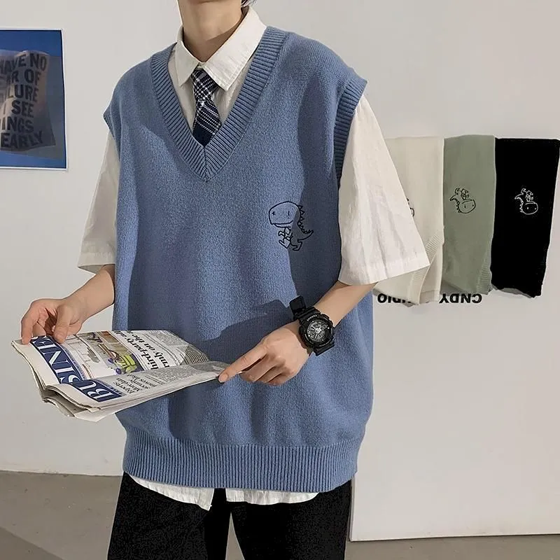 Voguable Spring Men's Trendy Dinosaur Sweater Embroidered Loose V-neck Sweater Vest Woman Casual Streetwear Tops Clothing argyle