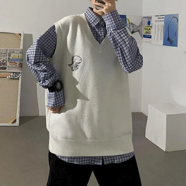 Voguable Spring Men's Trendy Dinosaur Sweater Embroidered Loose V-neck Sweater Vest Woman Casual Streetwear Tops Clothing argyle