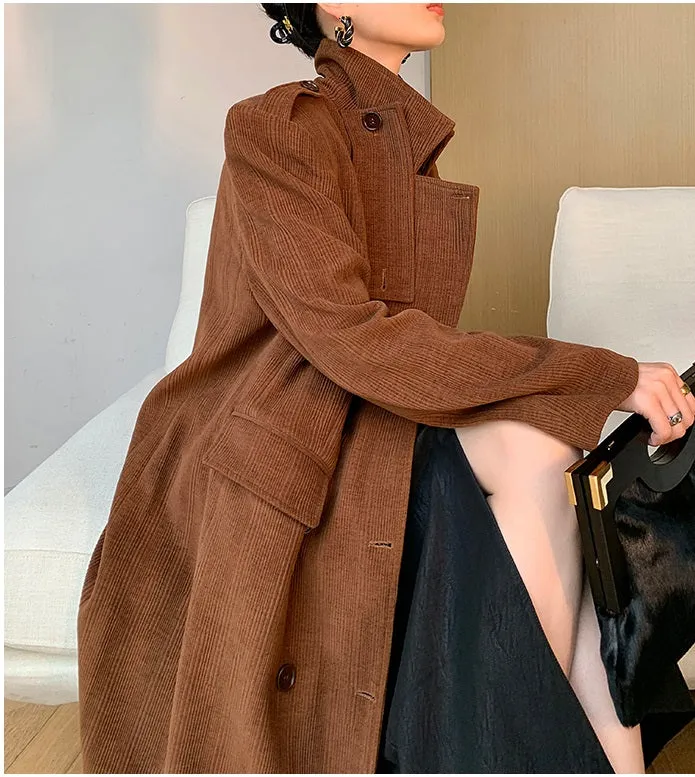 WANXO coffee color stand collar corduroy coat new loose medium and long woolen coat- Sala