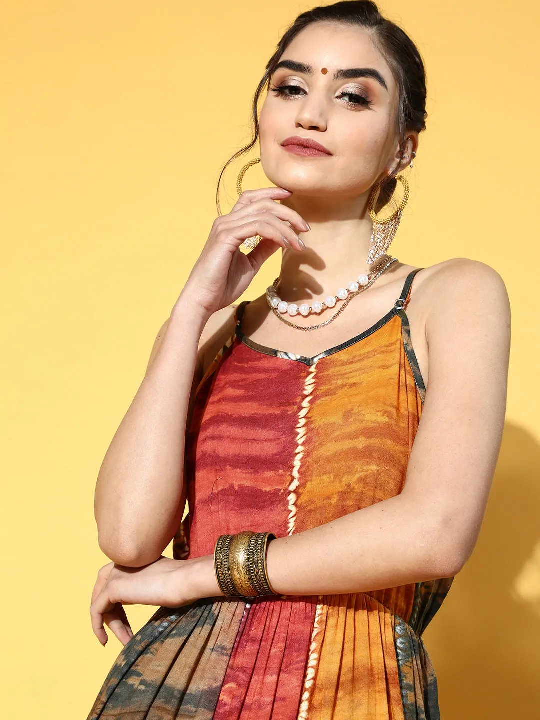 Women Mustard Yellow Tie And Dye Dyed Maxi Dress