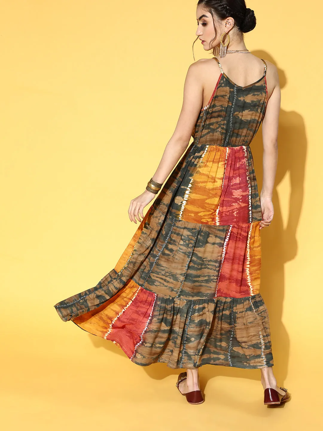Women Mustard Yellow Tie And Dye Dyed Maxi Dress