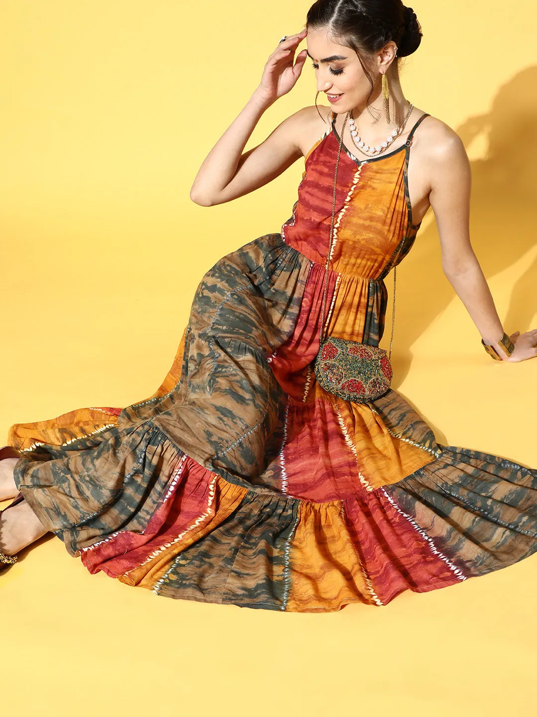 Women Mustard Yellow Tie And Dye Dyed Maxi Dress
