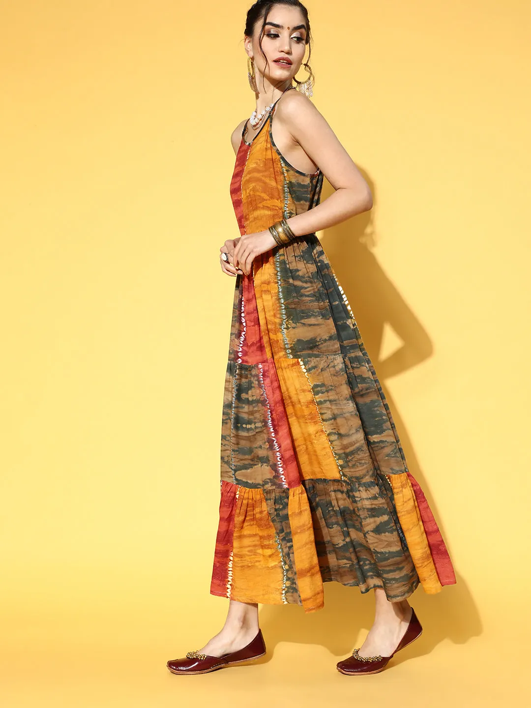 Women Mustard Yellow Tie And Dye Dyed Maxi Dress