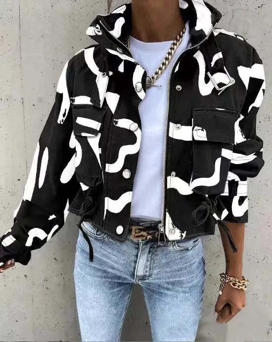 Women Structured Stand Collar Zip-Up Crop Jacket