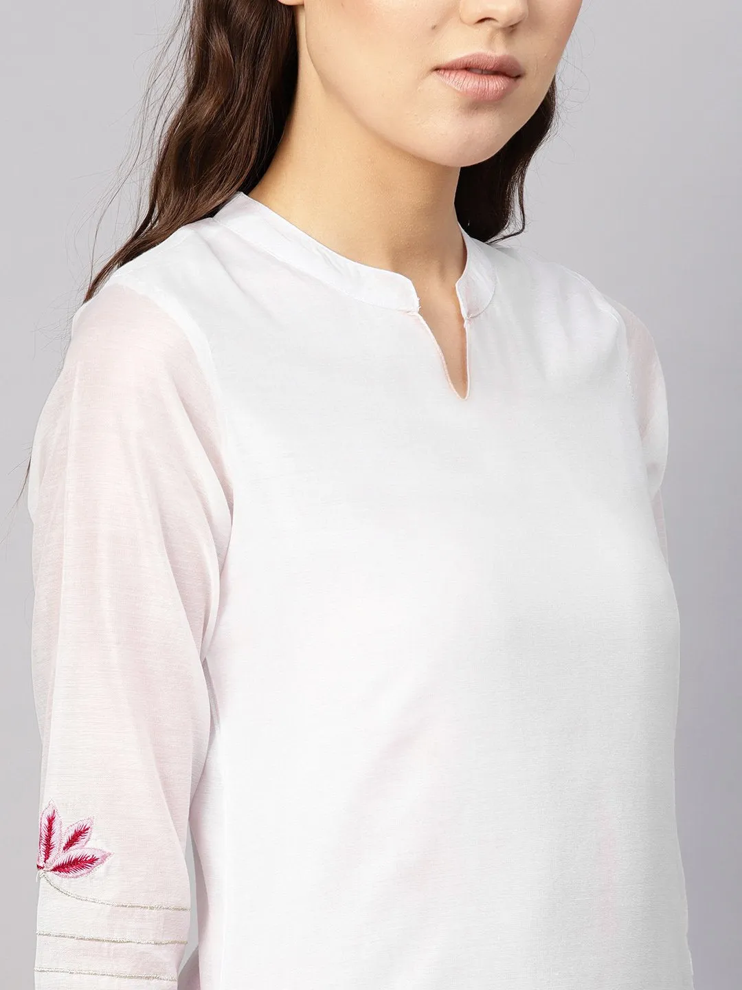 Women White & Pink Solid Kurta With Trousers & Dupatta
