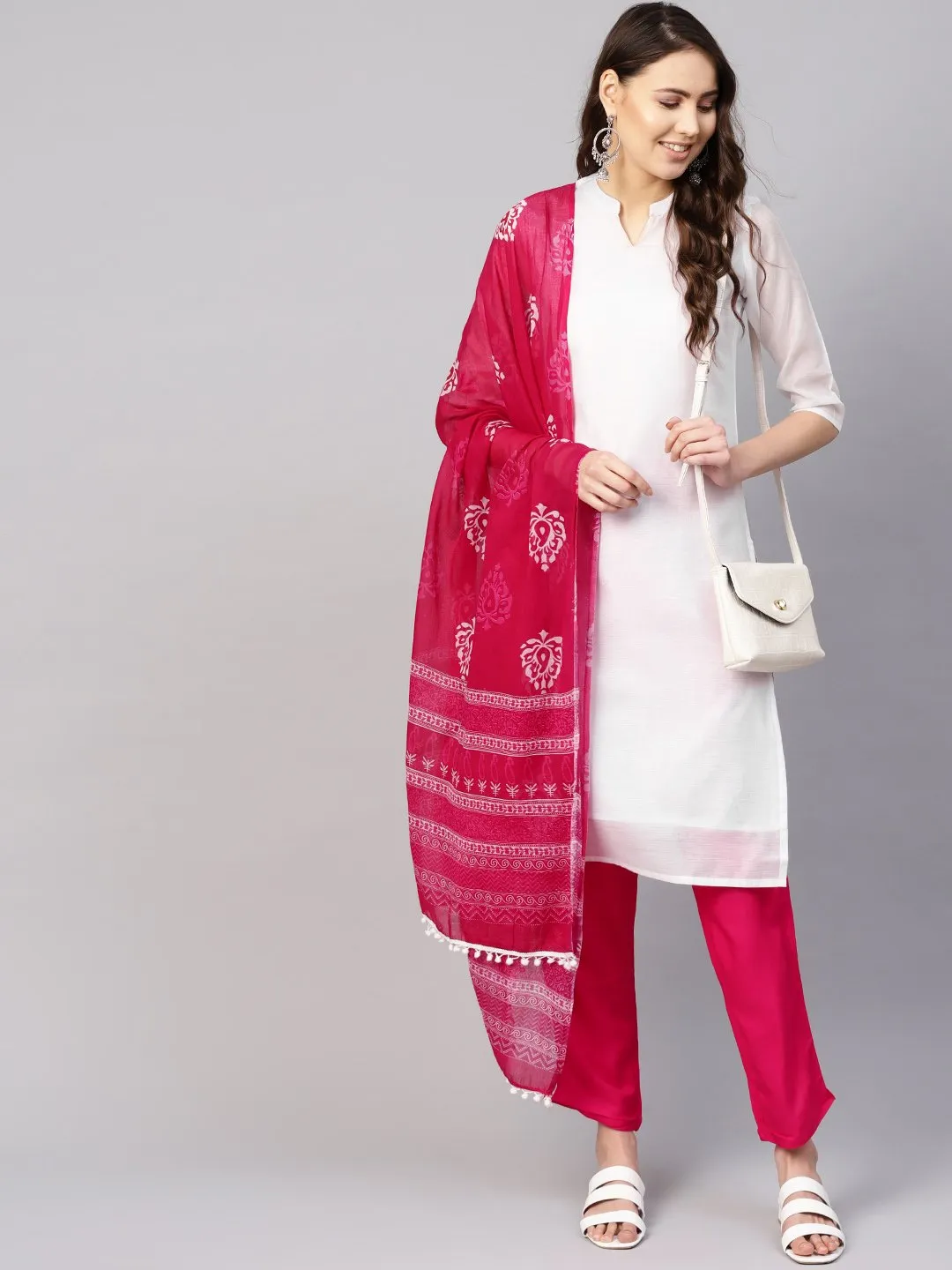 Women White & Pink Solid Kurta With Trousers & Dupatta