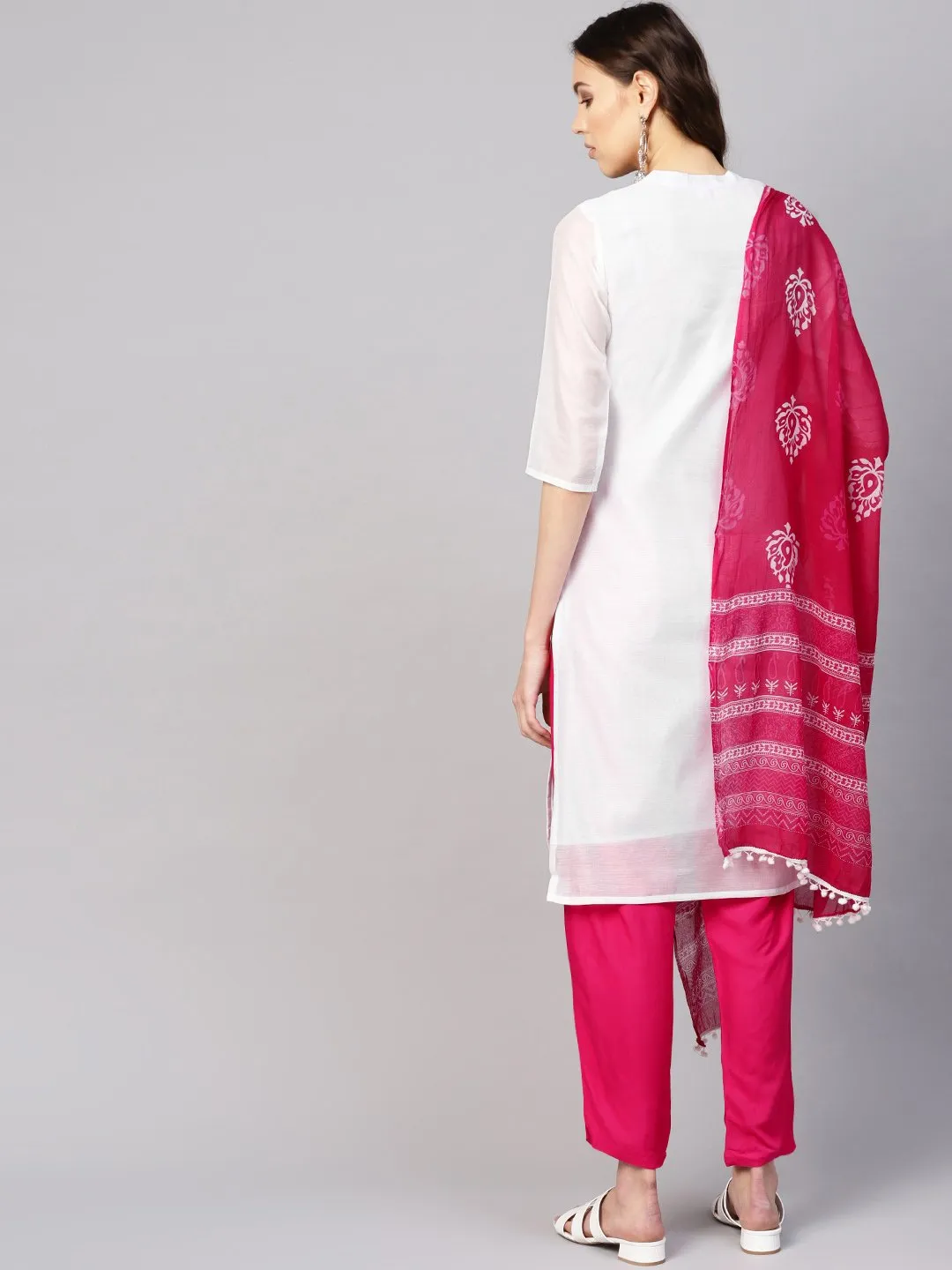Women White & Pink Solid Kurta With Trousers & Dupatta
