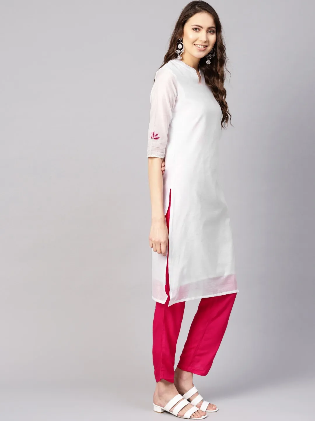 Women White & Pink Solid Kurta With Trousers & Dupatta