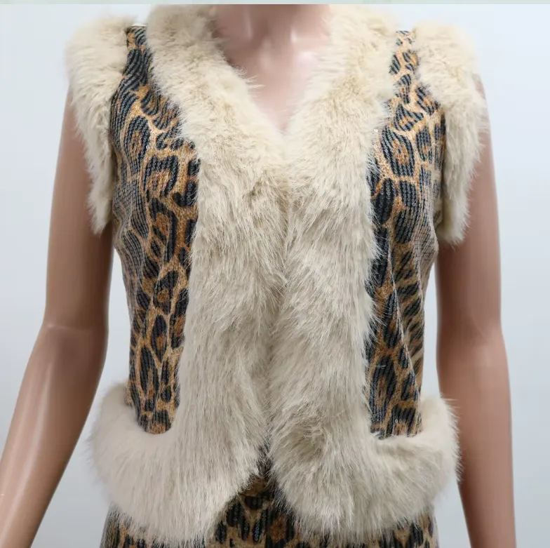 Women's 2 Pc Pants Set - Women's Sleeveless Leopard Sequined V-neck Wool Vest and Pants 2 Pc Set